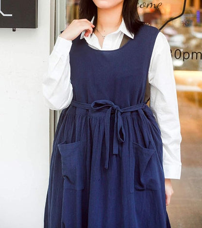Women Plus Size Cotton Linen Vintage Pleated Split Apron Pinafore Dress with Two Pockets
