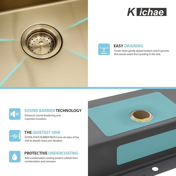 33 Gold Drop In Kitchen Sink - Kichae 33x22 Gold Brushed Stainless Steel Drop Sink 16 Gauge Ledge Workstation Single Bowl Topmount Overmount Handmade Basin with Cutting Board