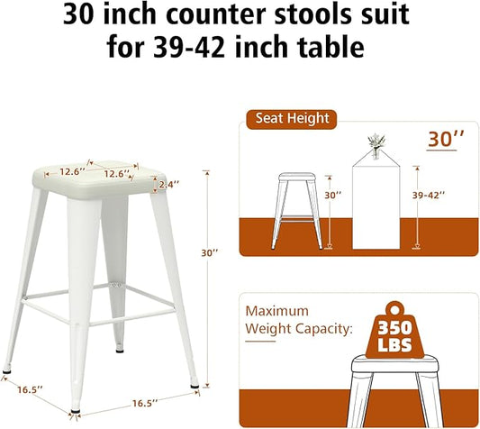 Backless Bar Stools Set of 2, Upholstered Faux Leather Counter Height Stools with Sturdy Metal Legs, 30 Inch Barstools for Kitchen Island (White)