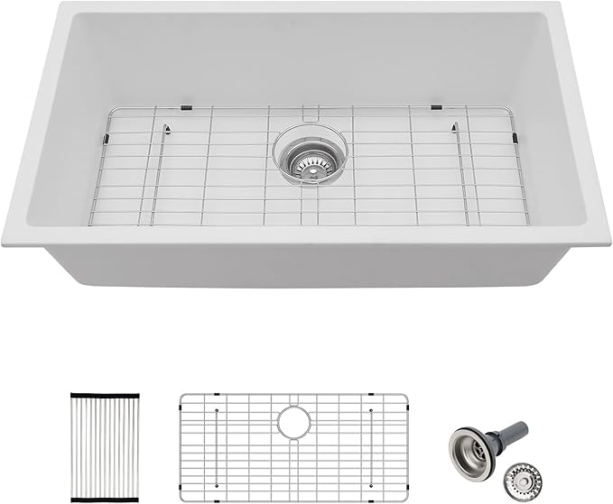 33x19 Inch White Granite Composite Quartz Undermount Single Bowl Kitchen Sink Under Counter Contemporary Kitchen Deep Sink Basin 33"x19"