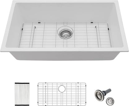 33x19 Inch White Granite Composite Quartz Undermount Single Bowl Kitchen Sink Under Counter Contemporary Kitchen Deep Sink Basin 33"x19"