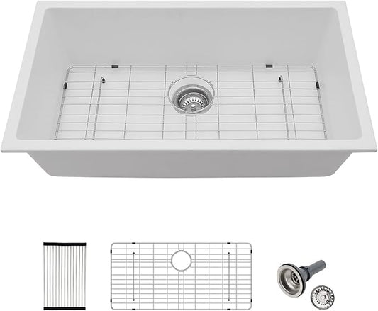 33x19 Inch White Granite Composite Quartz Undermount Single Bowl Kitchen Sink Under Counter Contemporary Kitchen Deep Sink Basin 33"x19"