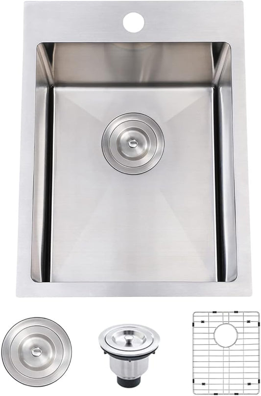 SHACO 15x20 Inch Drop In Bar Sink, Small Kitchen Sink for RV, 16 Gauge 304 Stainless Steel Topmount Handmade Wet Prep Single Bowl for Yard Office Utility Laundry with Grid & Drain