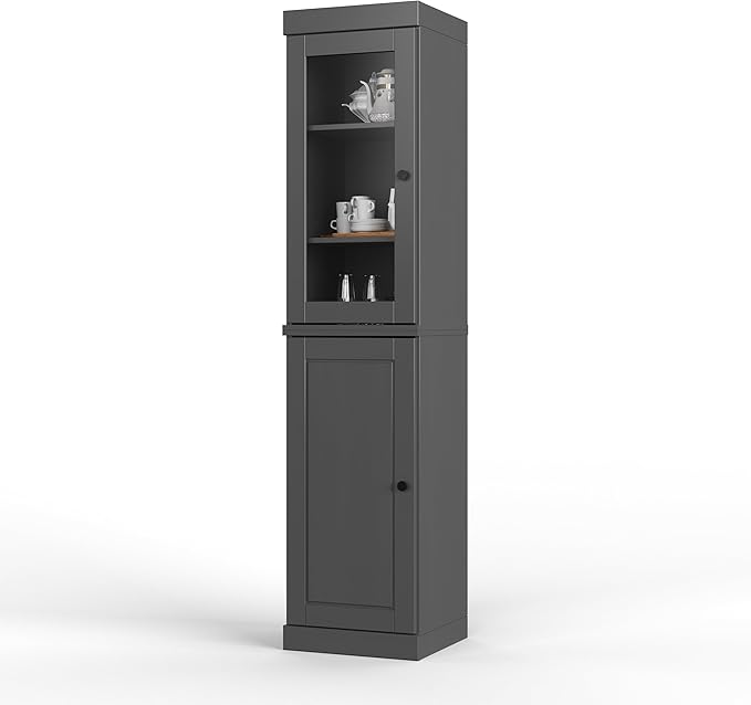 Palace Imports Solid Wood Kitchen Pantry - Narrow Storage Cabinet - 16.5" Wide x 71.5" Tall - 1 Raised Panel & 1 Glass Door, Gray, Adjustable Shelves, 100% Eco-Friendly Wood, Modular Cabinets