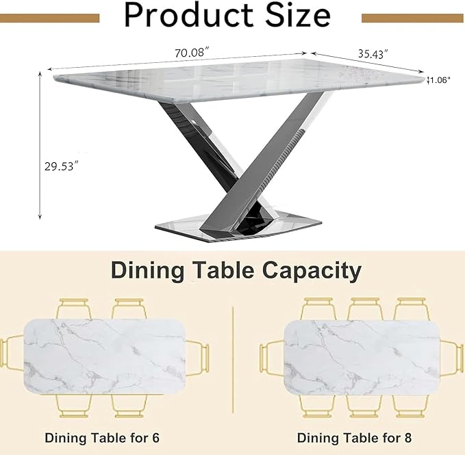70 in Faux Marble Dining Table for 4 6 8, Modern White Silver Kitchen & Dining Room Table with X-Shape Stainless Steel Pedestal, Luxury Rectangular Large Dinner Table for Kitchen Home