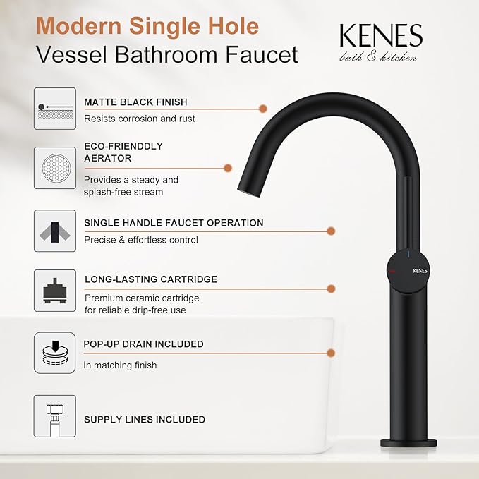 KENES Matte Black Tall Bathroom Vessel Sink Faucet, Single Handle Bathroom Faucet Single Hole, Tall Vanity Faucet with Pop Up Drain and Supply Lines, KE-9005C-2