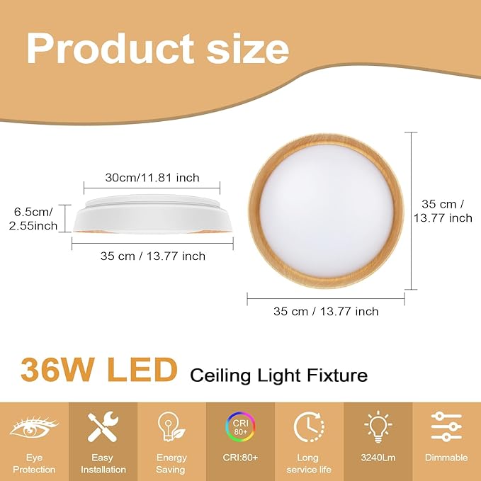 VIPMOON 13"/36W Flush Mount LED Ceiling Light, 3000K-6000K 5CCT Adjustable Energy Saving Modern Light Fixture for Bathroom Bedroom Kitchen Living Room Balcony Dining Room Porch Laundry Room Stairwell