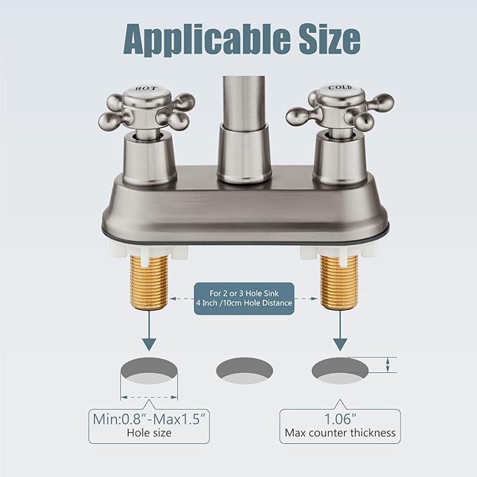 Aolemi 4 Inch Centerset Bathroom Sink Faucet Vintage 2 Cross Handle RV Mixer Tap Basin Vanity Lavatory Utility for Sink 3 Hole Include Hoses Pop Up Drain Faucet Handle with Label Brushed Nickel