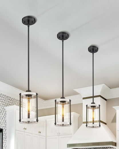 Farmhouse Pendant Light Fixtures, 1-Light Rustic Oak White Pendant Light Fixtures, Mini Glass Hanging Lighting with Rod for Kitchen Island Bar Bedroom, Adjustable Length, OS-3015