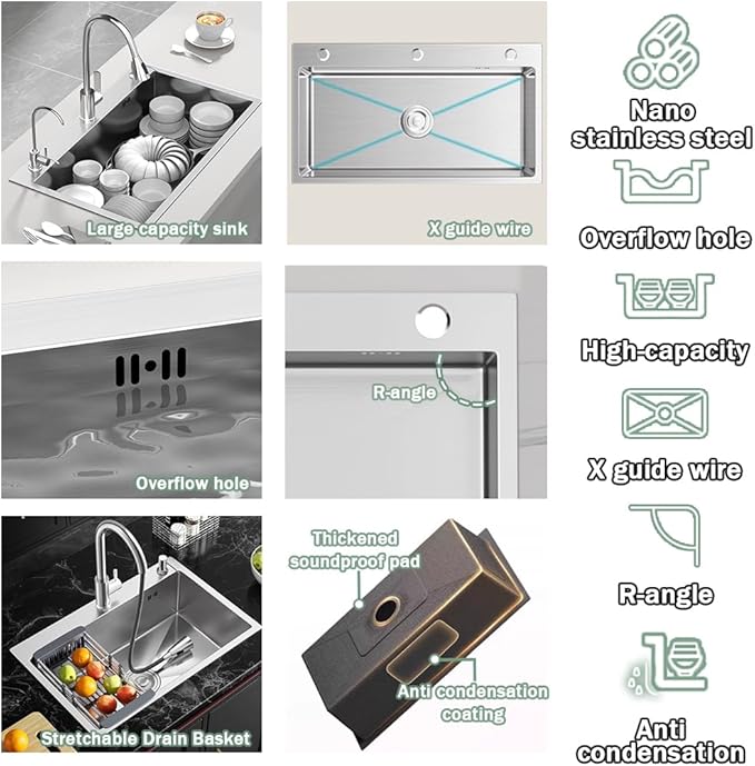 21.7 * 17.7in Drop In Kitchen Sink,Silver Gray Stainless Steel Single Bowl Sink,Topmount Workstation Sink With Pull Out Faucet,Soap Dispenser And Drain Basket