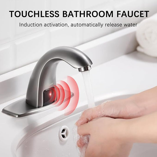 Charmingwater Touchless Bathroom Sink Faucet, Motion Automatic Sensor Faucet with Hole Cover Plate, Brushed Grey