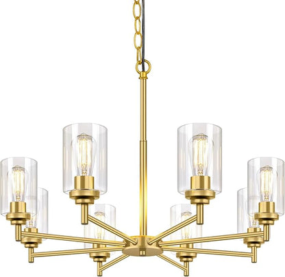 Sucolite 33.5'' 8-Light Chandelier for Dining Room Kitchen Island, Modern Farmhouse Pendant Lighting with Glass Shades Industrial Gold Hanging Ceiling Light Fixture for Living Room, Height Adjustable
