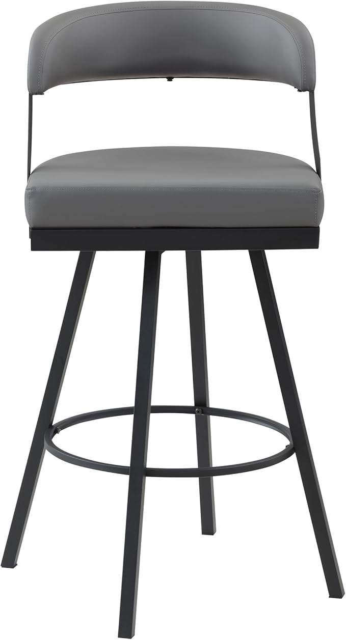 Lexicon Swivel Bar Stools Set of 2 - Bar Height Stools for Kitchen Island, Padded Seat, Open Back, Sturdy Black Metal Frame Finish and Grey Faux Leather Cushion Seat, Grey