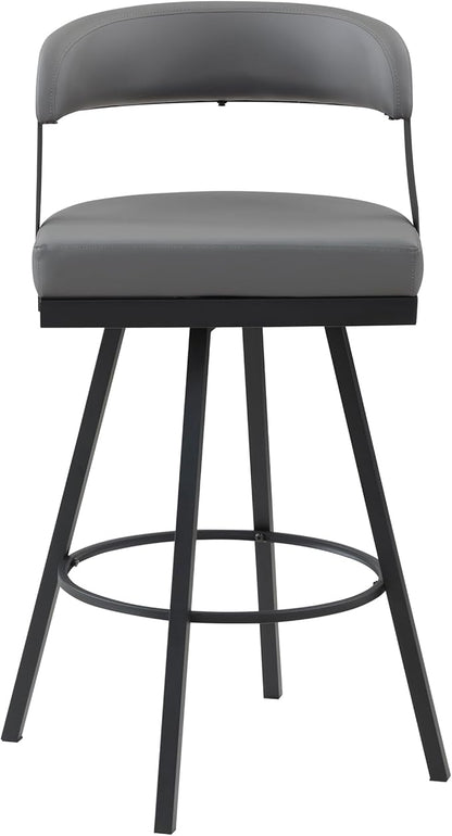 Lexicon Swivel Bar Stools Set of 2 - Bar Height Stools for Kitchen Island, Padded Seat, Open Back, Sturdy Black Metal Frame Finish and Grey Faux Leather Cushion Seat, Grey