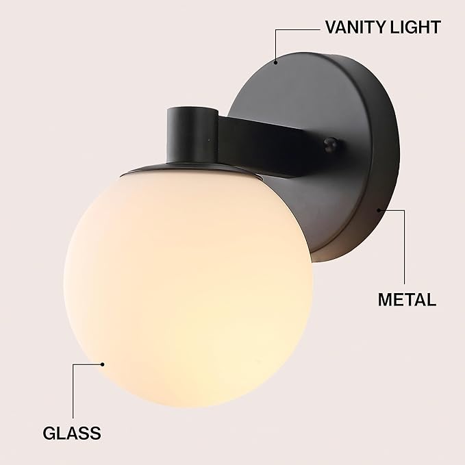 JONATHAN Y 5.75" Black/White 1-Light Modern Globe LED Vanity Wall Sconce Light, White Frosted Glass Shade, Mid-Century Art Deco Wall Lamp for Bathroom, Kitchen, Hallway (JYL3540B)