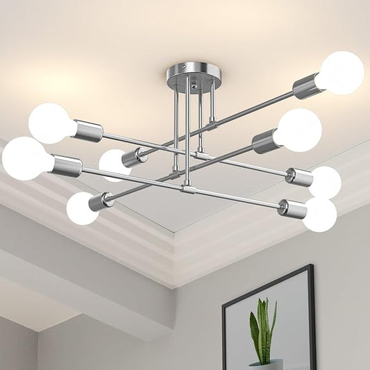 Modern Sputnik Chandelier Ceiling Light Fixtures, 8-Lights Mid Century Industrial Metal Semi Flush Mount for Dining Room, Bedroom, Living Room-Glossy Silver