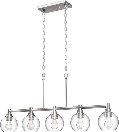 VONLUCE Dining Room Light Fixture Over Table, 5-Light Kitchen Island Lighting with Round Glass Shades & Adjustable Hanging Heights, Linear Chandlier for Dining Room Kitchen, Nickel, ETL Certificated