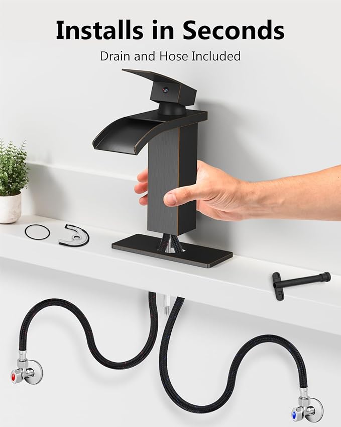 Waterfall Bathroom Faucet 1 Hole, Single Hole Bathroom Faucet, Single Handle Vanity Sink Faucet with Deck Plate, Pop-up Drain & Supply Lines, Oil Rubbed Bronze