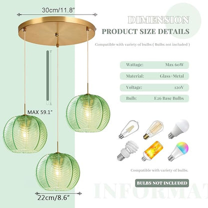 Mid Century Modern Chandelier Glass Globe 3-Light 8.6″ Emerald Green Ribbed Glass Shade Large Ball Chandeliers Sputnik Chandelier Vintage Hanging Ceiling Light Fixture Kitchen Island