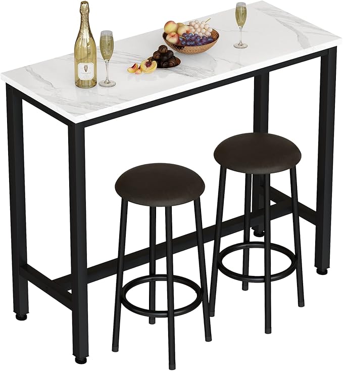 AWQM 47.2" Bar Table Set of 2,Faux Marble Pub Height Table and Chairs Set of 2 with Upholstered Stools,3 Piece Bar Table and Chairs Set Dining Table Set for Living Room,Kitchen,Bar,White & Brown