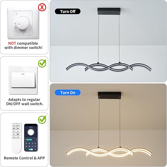ORANOOR Modern LED Pendant Lights, Dimmable 39in Linear Wave LED Chandelier Lighting, Black Dining Room Hanging Light Fixtures Kitchen Island Linear Pendant Light for Dining Table (4200lm,Upgraded)