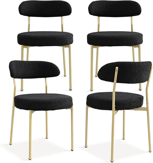 Black Boucle Dining Chair Set of 4, Modern Oval Upholstered Dining Chairs with Curved Back and Metal Leg for Dining Room,Restaurant,Kitchen Island(Gold Leg)