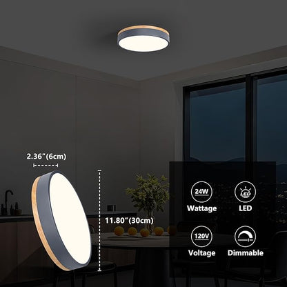 WOKNOS Dimmable Wood Oak Ceiling Light Fixture Modern Gray LED Flush Mount Ceiling Light 5CCT Minimalist Circle Close to Lighting Fixture for Bedroom Kitchen Bathroom Laundry Room 11.81 Inch