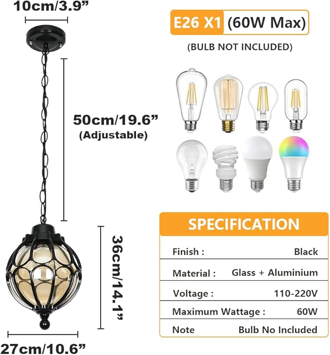 Outdoor Pendant Light Fixtures For Porch, Waterproof Exterior Lantern Glass Vintage Hanging Ceiling Light Retro Aluminum Outside Chandelier For Porch Patio Entryway Farmhouse (27cm/10.6",Black)