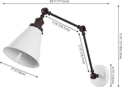 JONATHAN Y 7" White/Oil Rubbed Bronze Classic Industrial Metal Adjustable Arm LED Wall Sconce for Bedside Reading, Farmhouse Swing Arm Wall Lamp with Metal Shade, Hardwired (JYL7462C-SET2)