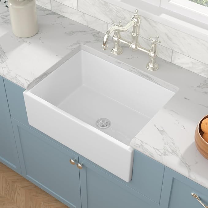 Sarlai 28 White Farmhouse Sink - 28x20 Inch Kitchen Sink Apron Front Ceramic Porcelain Vitreous Fireclay Single Bowl Farmer Sinks Basin