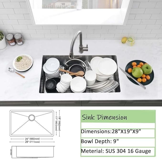 28 Inch Undermount Kitchen Sink-Wesliv 28x19 Inch Stainless Steel Kitchen Sink Undermount Sink 16 Guage Single Bowl Deep Kitchen Sinks with Cutting Board