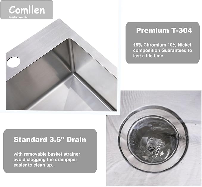 Comllen 15 x 15 inch Drop in Bar Sink, 18 Gauge Stainless Steel, 9 inch Deep, Brushed Nickel, Single Basin Small 15 Kitchen Sink for Outdoor Wet Bar Prep RV Yard Office Laundry Utility with Drainer