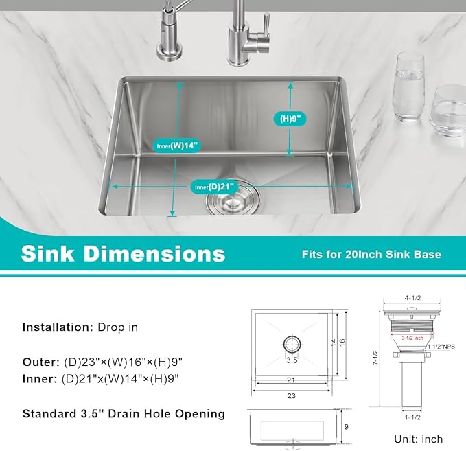 23 inch Undermount Kitchen Sink, 23x16 Inch Single Bowl Kitchen Sinks Undermount, 18 Gauge Stainless Steel 9 Inch Deep Sink Handmade Kitchen Sink, Brushed Nickel