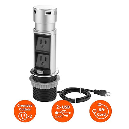Link2Home Space Saver Pop Up-Outlet, 2 Power Outlets, 2 USB Ports 2.4 Amp, Overload Protection, Splash Resistant EM-PU-200E
