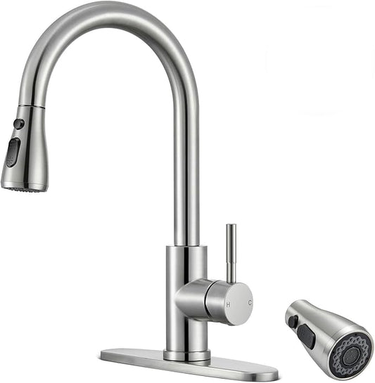 Kitchen Faucets with Spray Head Replacement, Brushed Nickel High Arc Single Handle Stainless Steel Sink Faucet for 1 or 3 Hole, Ideal for Farmhouse RV Laundry Bar Camper & Commercial
