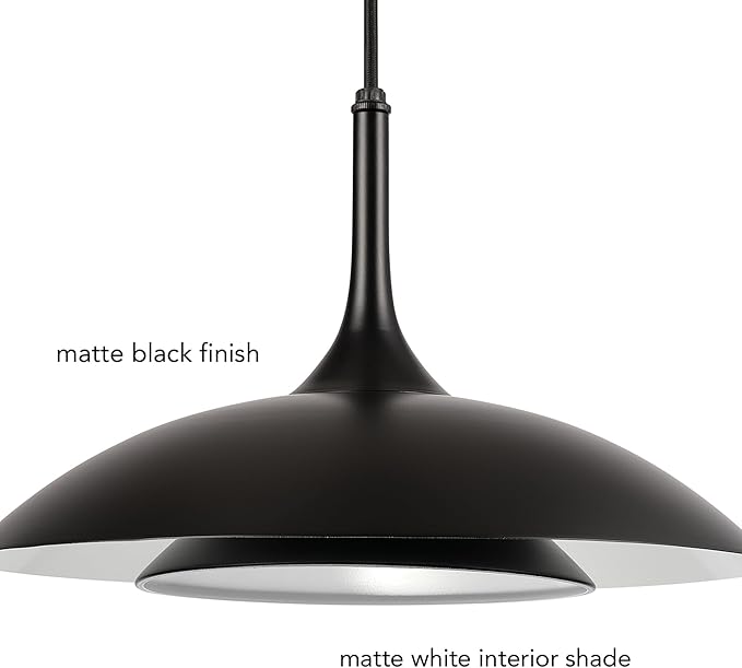 GLOBE Electric x Novogratz 67000104 14W LED Integrated Pendant Light Fixture, Glossy Black, Fabric Cord, Matte White Interior Shade, Dimmable, 800 Lumens, 3000K, 90 CRI, Living Room Pendant Light