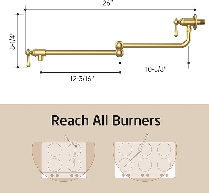 KES Upside Down Pot Filler Faucet with Heat-Resistant Cartridge, 26'' No Lead Vintage Pot Filler Faucet with Double Joint Swing Arm, Wall Mount, 18/8 Stainless Steel, Brushed Gold, KN928S24LF-BZ