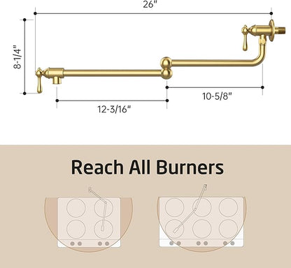 KES Upside Down Pot Filler Faucet with Heat-Resistant Cartridge, 26'' No Lead Vintage Pot Filler Faucet with Double Joint Swing Arm, Wall Mount, 18/8 Stainless Steel, Brushed Gold, KN928S24LF-BZ
