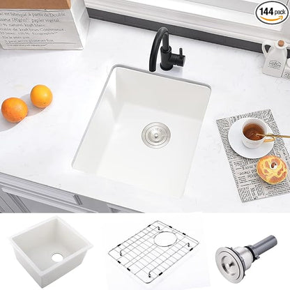 White Bar Sink Undermount-VASOYO 15x17 Small Kitchen Sink Undermount Wet Bar Sinks White Quartz Composite Deep Single Bowl Outdoor Rv Sinks with Bottom Grid