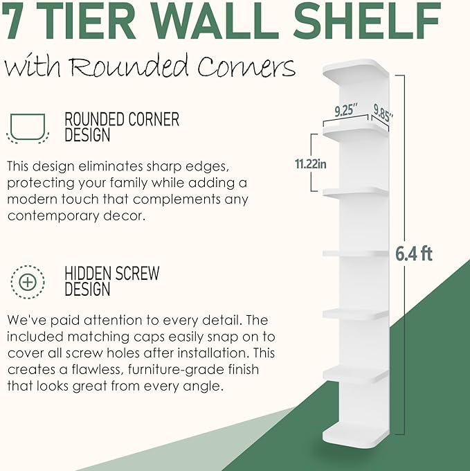 7 Tier Wall Shelf Unit White Floating Shelves for Wall, Decorative Lack Shelf for Storage Curved Edges, Tall Vertical Display Shelf for Bedroom, Vanity, Living Room, Book Shelves