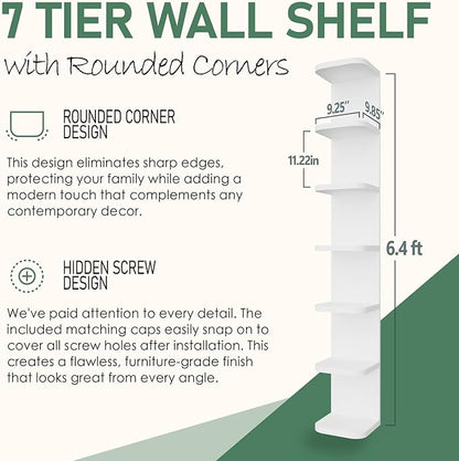 7 Tier Wall Shelf Unit White Floating Shelves for Wall, Decorative Lack Shelf for Storage Curved Edges, Tall Vertical Display Shelf for Bedroom, Vanity, Living Room, Book Shelves