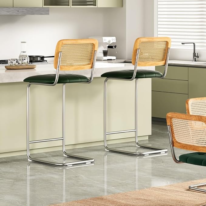 Counter Height Bar Stools Set of 2, Upholstered PU Leather Barstools with Rattan Back, for Kitchen Island, Black (Green + Metal + Rattan + Rattan+Metal + Modern)