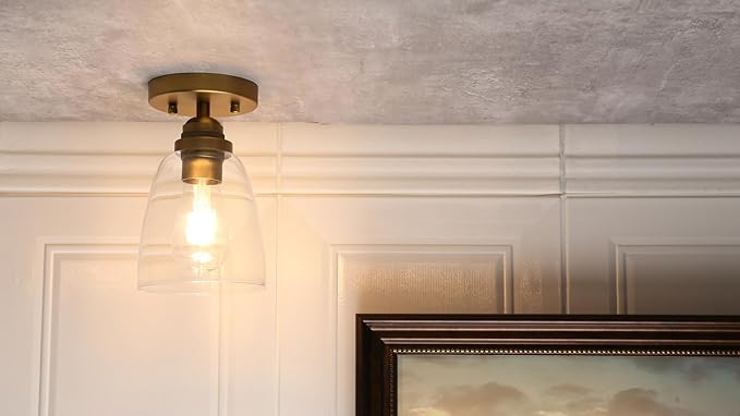 Yosoan Retro Semi Flush Mount Ceiling Light, 1-Light Vintage Industrial Hardwired 5.51'' Oval Cone Glass Shade for Kitchen Bathroom Cafe Corridor Hallway Entryway Passway(Antique)
