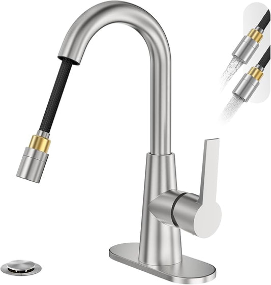Phiestina Tall Bathroom Faucets with Pull Down Sprayer, Brushed Nickel High Arc Single Handle Pull Out Faucet, 1 or 3 Hole Utility Sink Laundry Bar Faucet Pull Out with Deck Plate WE10CL-ZY-BN