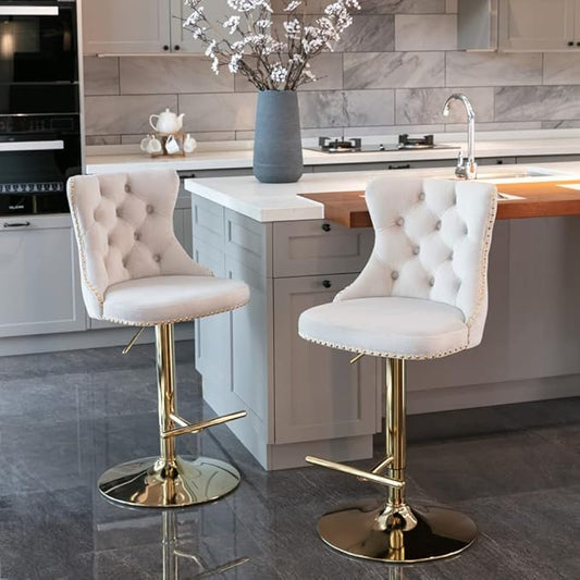 Modern Swivel Bar Stool with Adjustable Height and Tufted Upholstered Backrest for Kitchen Island, Home Bar, or Dining Area (Beige + Velvet + Foam)