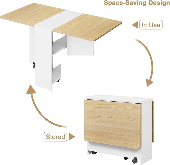 IDEALHOUSE FoldingTable, Drop Leaf Dining Table with 6 Wheels and 2-Layer Storage Shelf, Space Saving Table for Small Spaces (Natural Wood, 47.2" D x 23.6" W x 29.5" H)