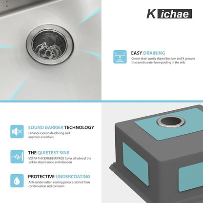 Kichae Undermount Bar Sink - 13" x 15" Bar Prep RV Kitchen Sink Stainless Steel 16 Gauge Workstation Wet Bar Sinks Single Bowl Handmade Basin With Cutting Borad