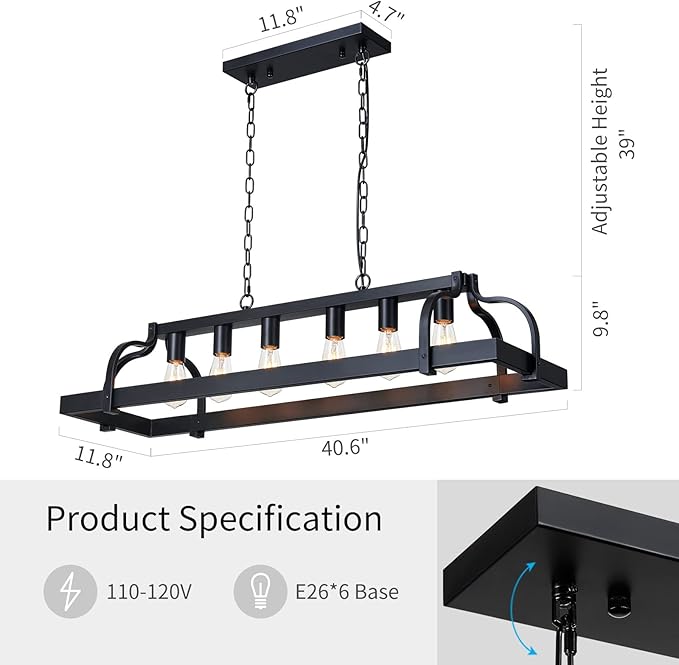 WUZUPS 6-Light Metal Pot Hanging Rack Chandelier Linear Pendant Ceiling Lighting Rustic Farmhouse Fixture Kitchen Island Dining Room, H 9.8" L 40.6" W11.8, E26 Base, Black