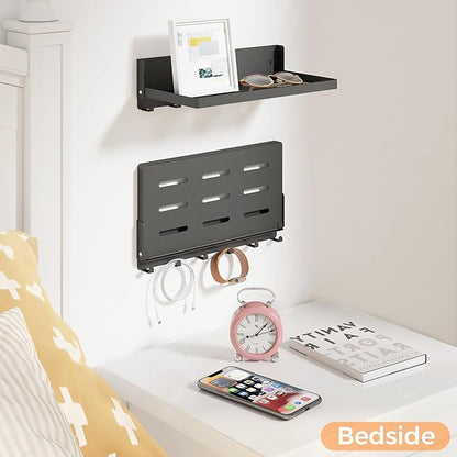 Small Folding Metal Shelf with Hooks, Fold-up Wall Shelf, 6 Hooks, Drop Down Floating Shelf for Laundry Room, Kitchen, RV, Toilet Room, Garage, Utility, Black（11.8", 1 Pack）