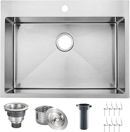 VAPSINT 22x18 Inch Drop In Kitchen Sink, 22 Inch 16 Gauge T304 Stainless Steel Topmount Small Kitchen Bar Sink, Handmade Single Bowl Outdoor RV Laundry Utility Prep Sink with Basket Strainer